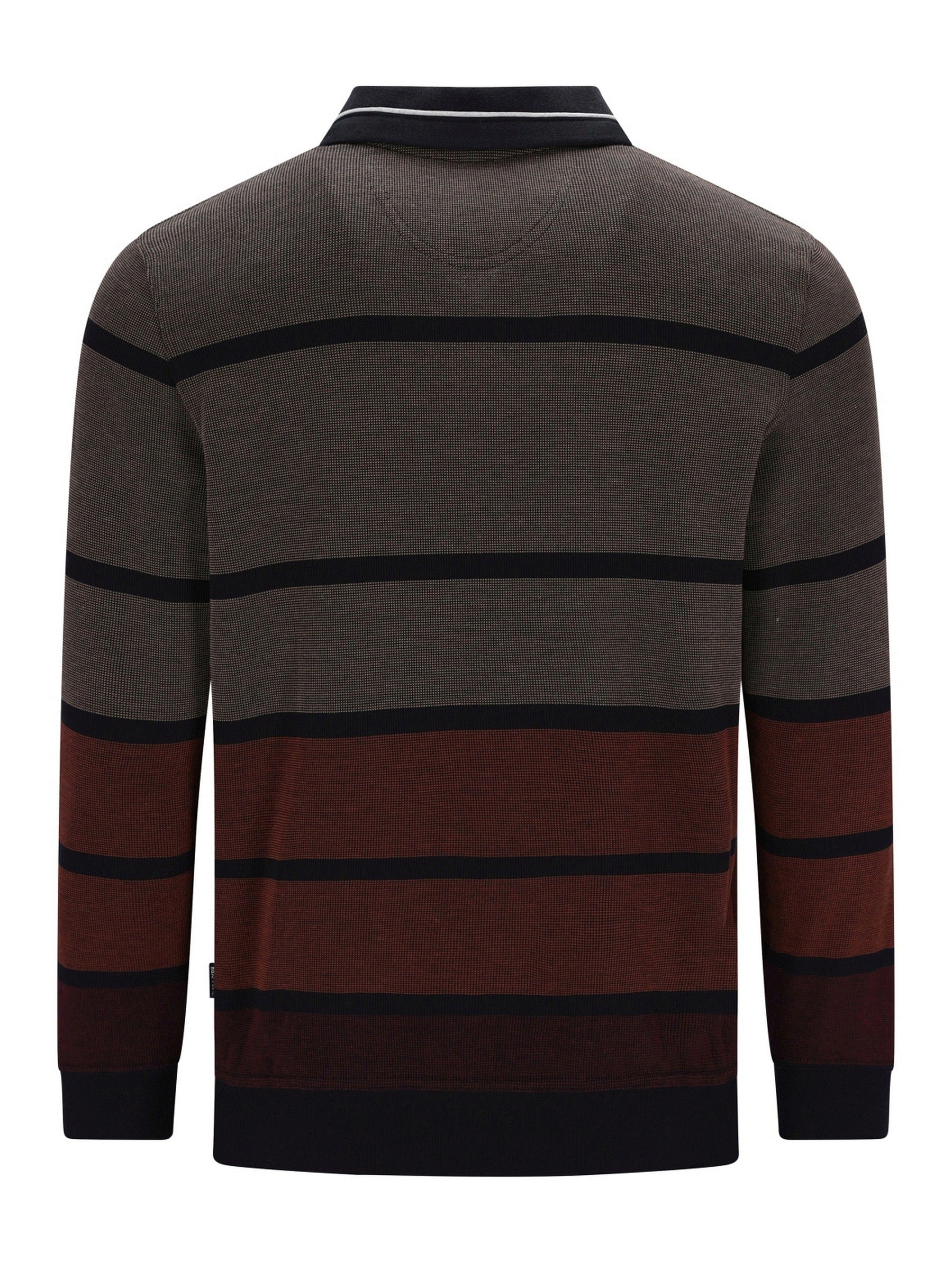 Braunes und schwarzes gestreiftes Poloshirt mit geripptem Kragen und Manschetten, wahrscheinlich aus Baumwolle oder Polyester-Mischung gefertigt.