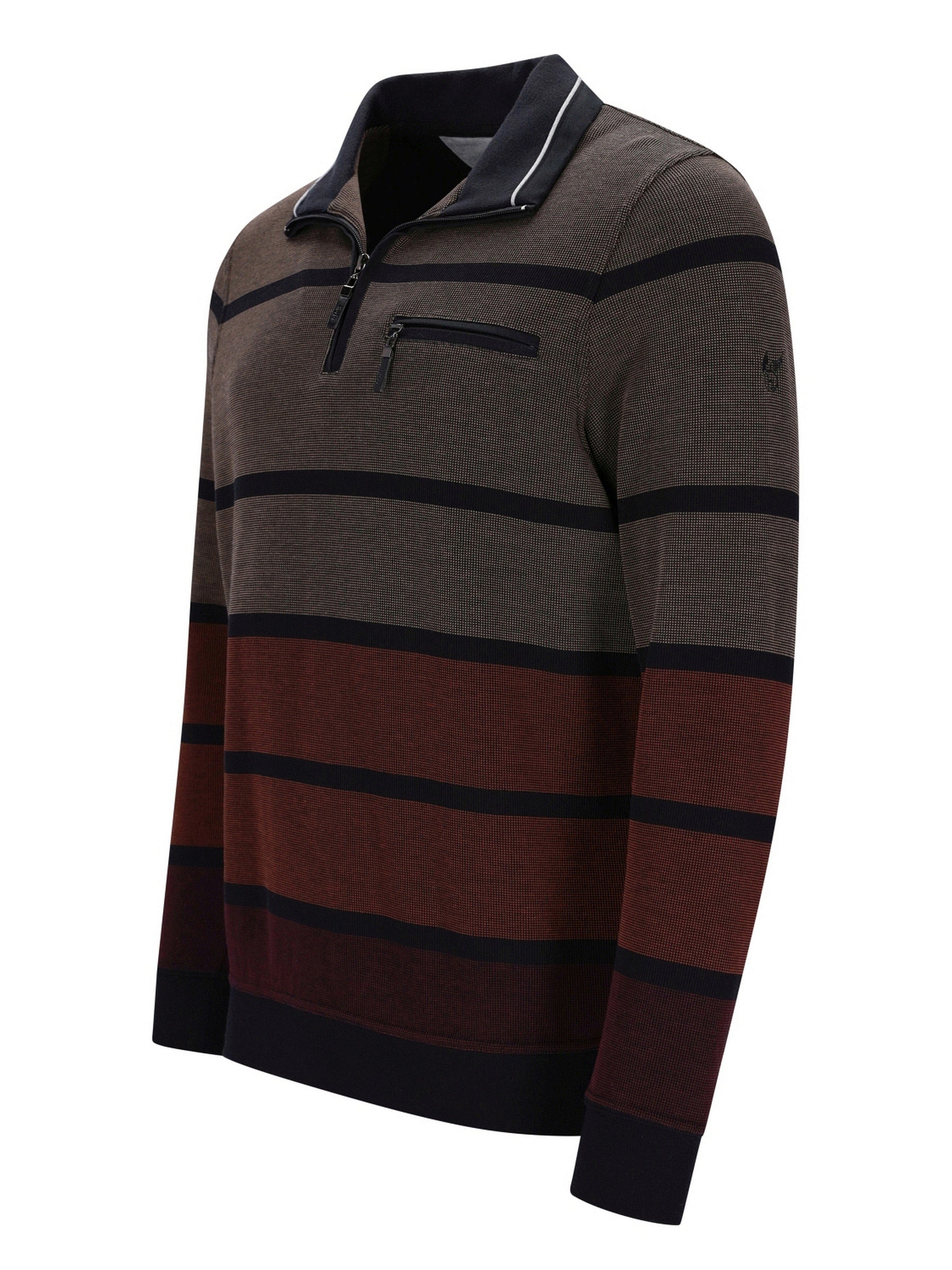 Braunes und schwarzes gestreiftes Poloshirt mit Taschen-Detail.