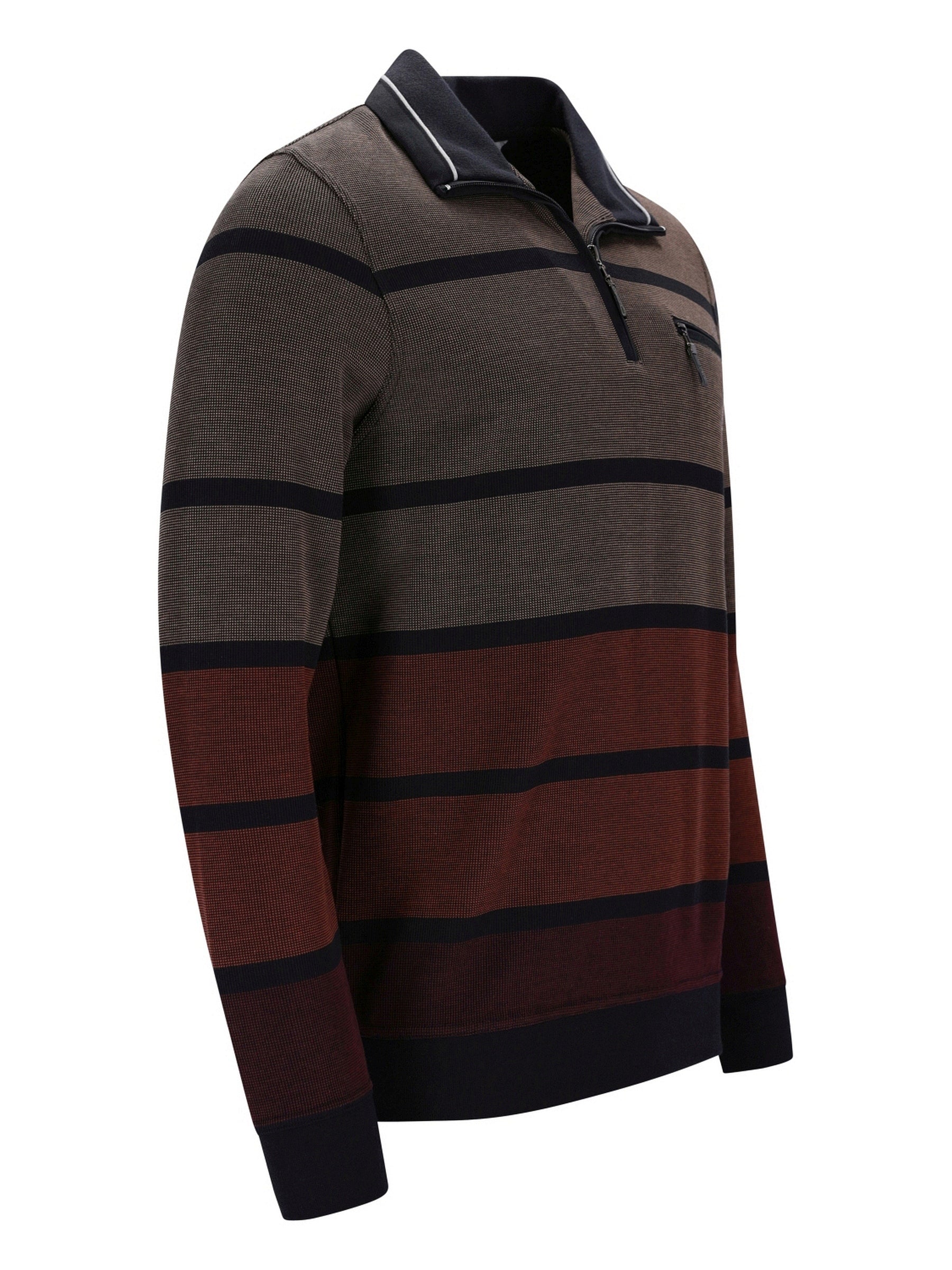 Braunes und maroonfarbenes gestreiftes Poloshirt mit schwarzem Besatz, aus Baumwolle gefertigt.