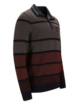 Braunes und maroonfarbenes gestreiftes Poloshirt mit schwarzem Besatz, aus Baumwolle gefertigt.