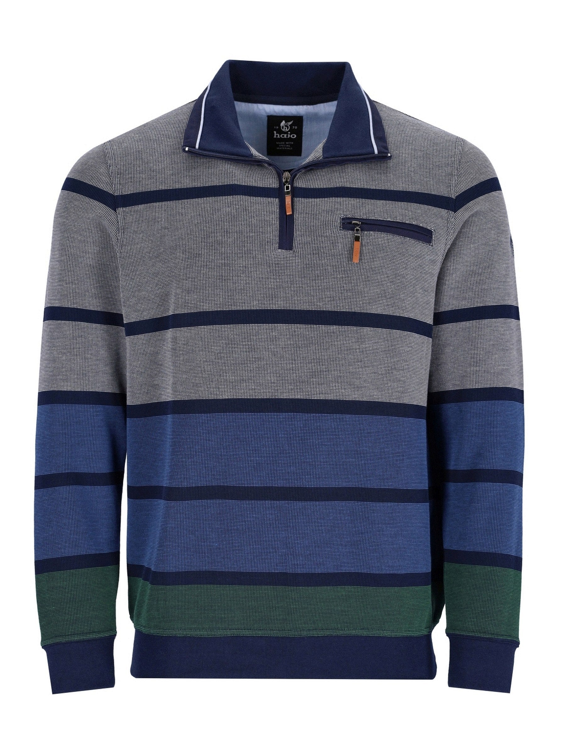 Marine- und grün gestreiftes Poloshirt mit Half-Zip-Design.