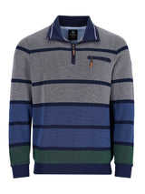 Marine- und grün gestreiftes Poloshirt mit Half-Zip-Design.