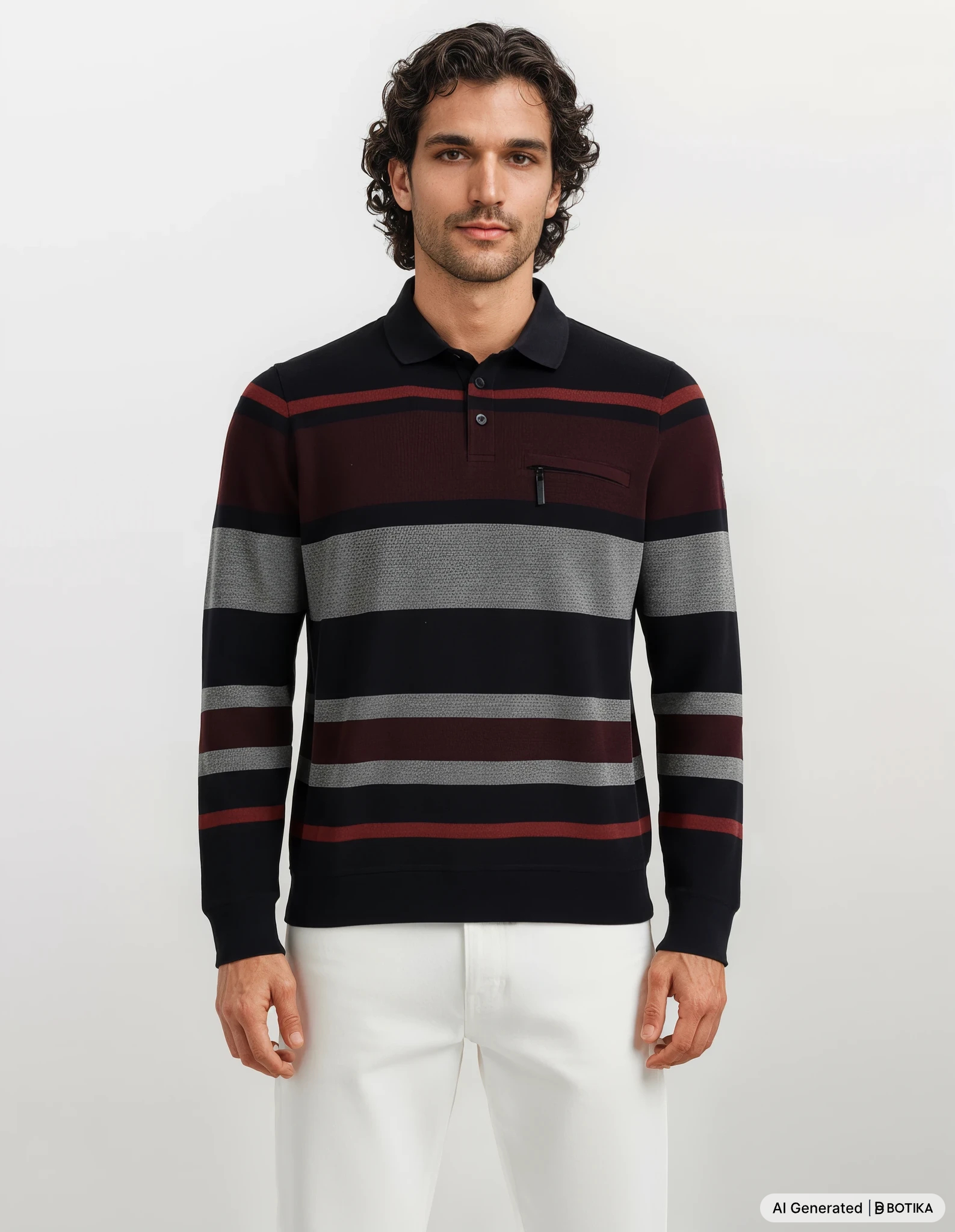Herren langarm poloshirt mit zweitonringel allover in schwarz, dunkelrot und grau in stay fresh-qualität