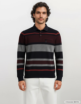 Herren langarm poloshirt mit zweitonringel allover in schwarz, dunkelrot und grau in stay fresh-qualität
