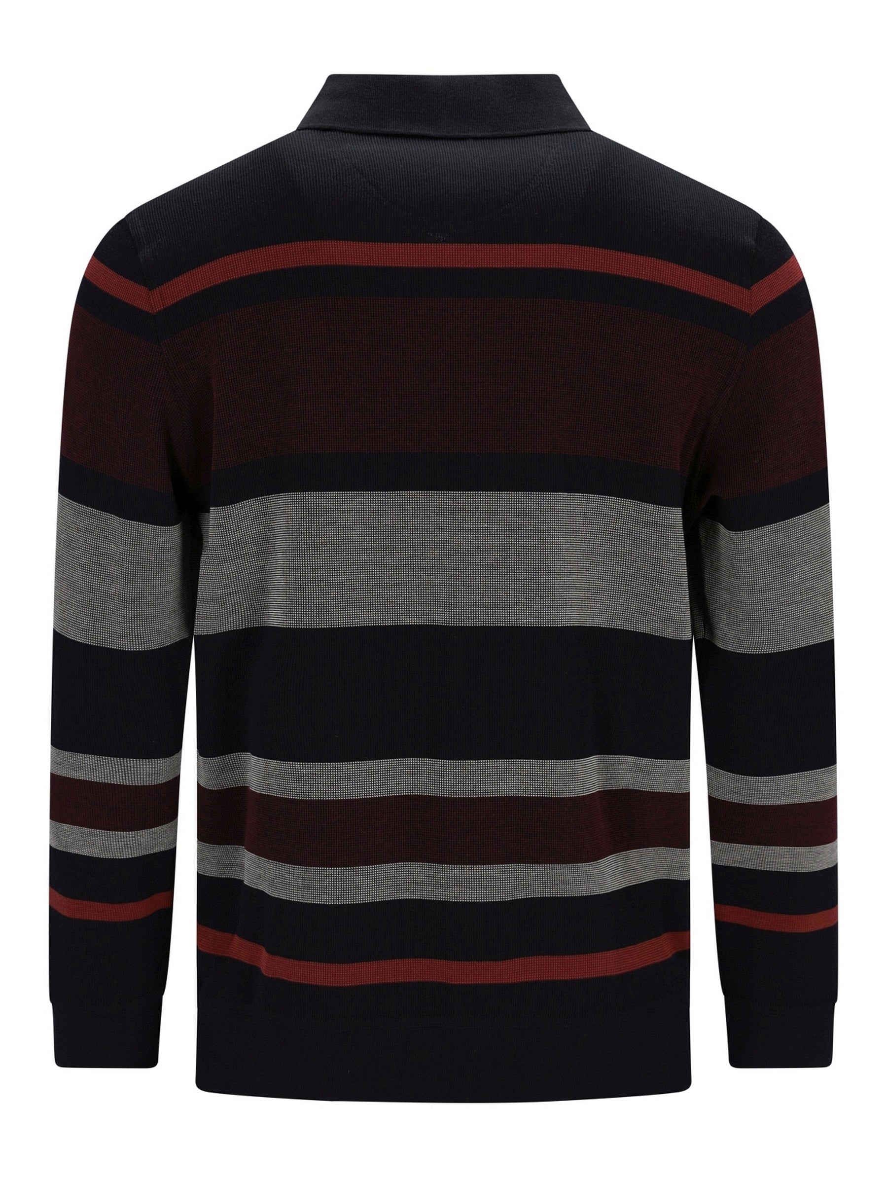 Schwarz- und graugestreiftes Poloshirt mit roten Akzenten, aus Baumwolle.