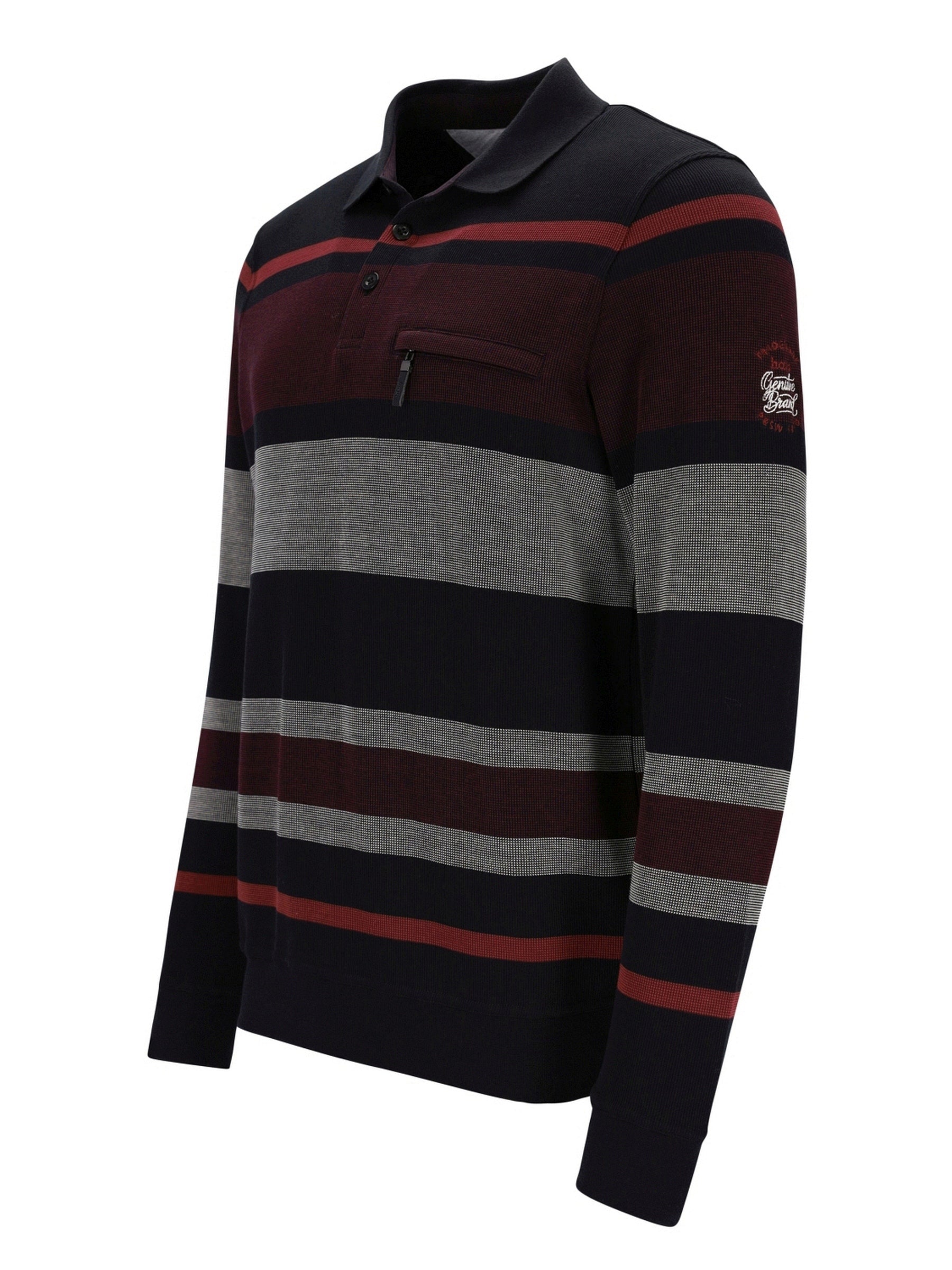 Gestreiftes Poloshirt mit Marineblau-, Kastanienrot- und Graustreifen auf schwarzem Hintergrund.