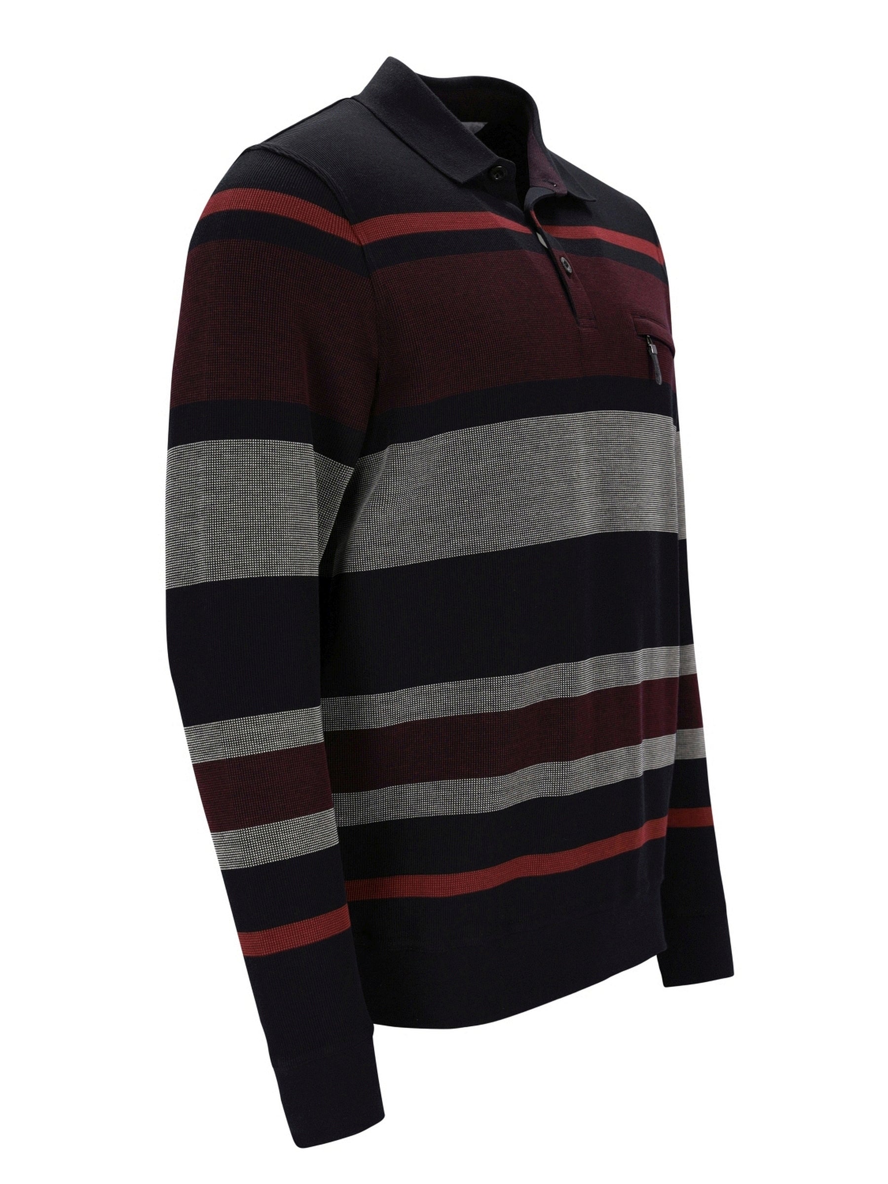 Gestreifter Pullover mit Half-Zip-Design, das schwarze und maroonfarbene Streifen auf einem strukturierten Stoff aufweist.