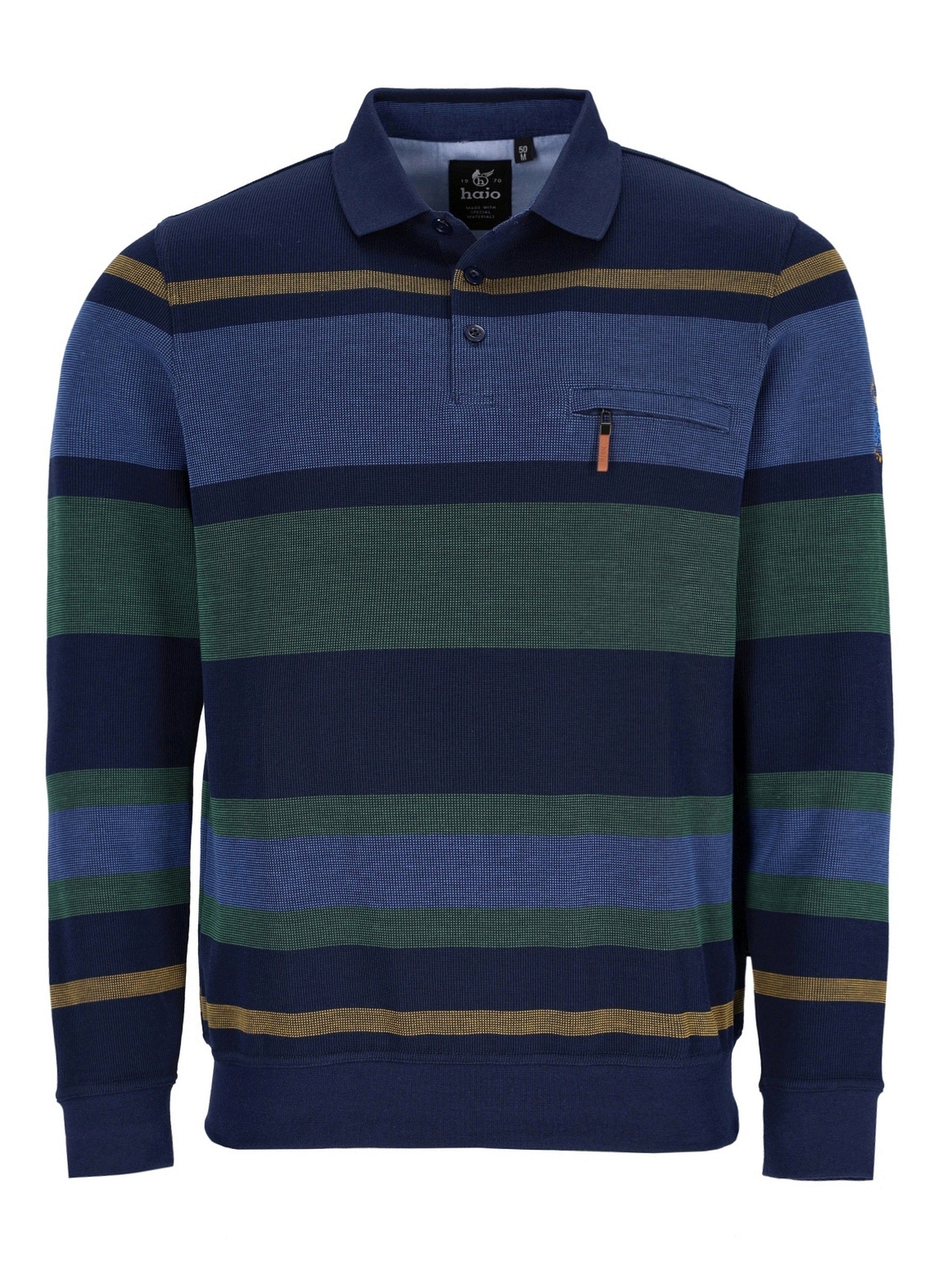 Marineblaues gestreiftes Poloshirt mit grünen und goldenen Akzenten, Taschen-Detail.