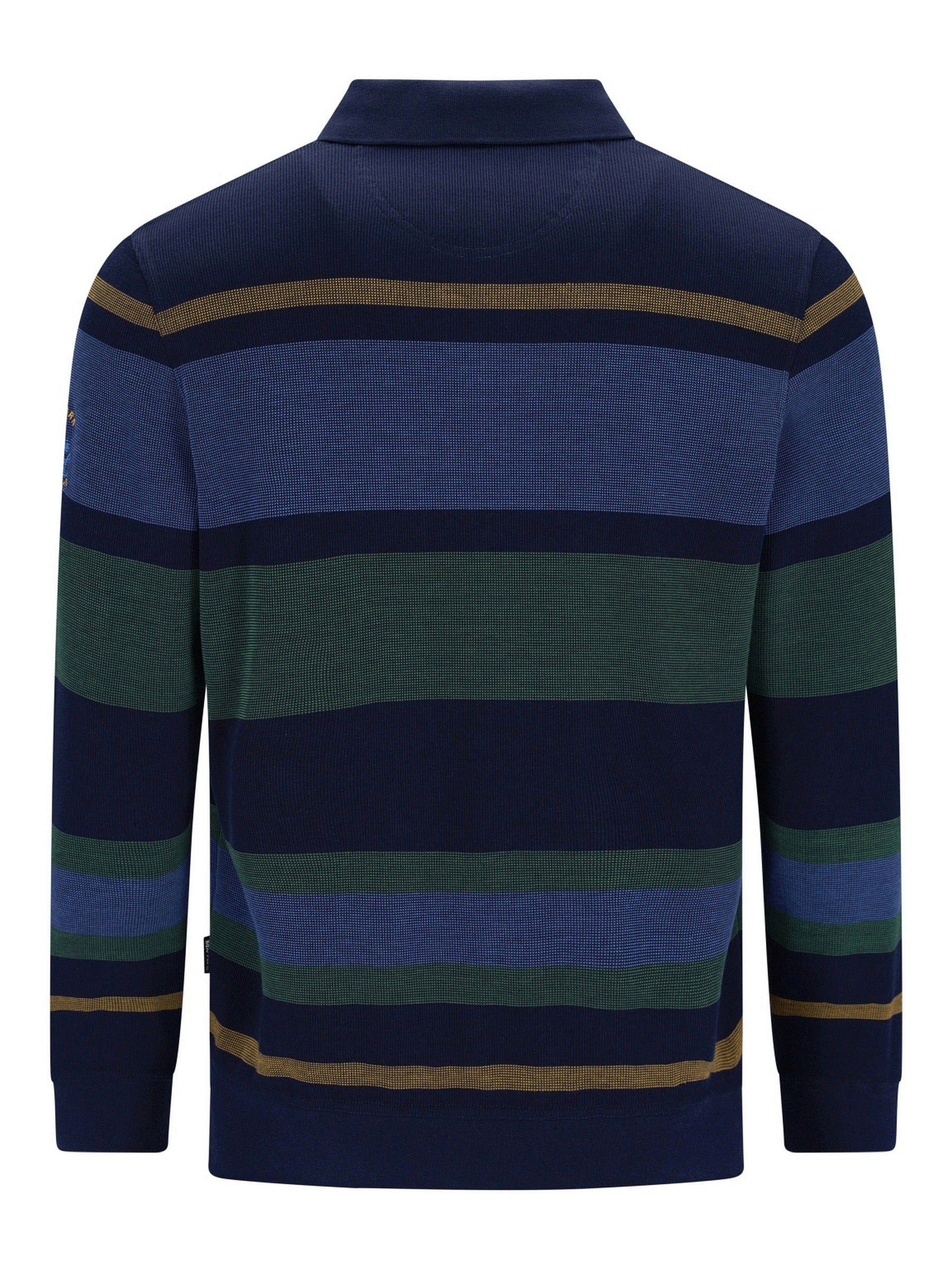 Marineblaues und grünes gestreiftes Poloshirt mit goldenen Akzenten, wahrscheinlich aus Baumwolle oder Polyester-Mischung gefertigt.