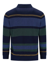 Marineblaues und grünes gestreiftes Poloshirt mit goldenen Akzenten, wahrscheinlich aus Baumwolle oder Polyester-Mischung gefertigt.