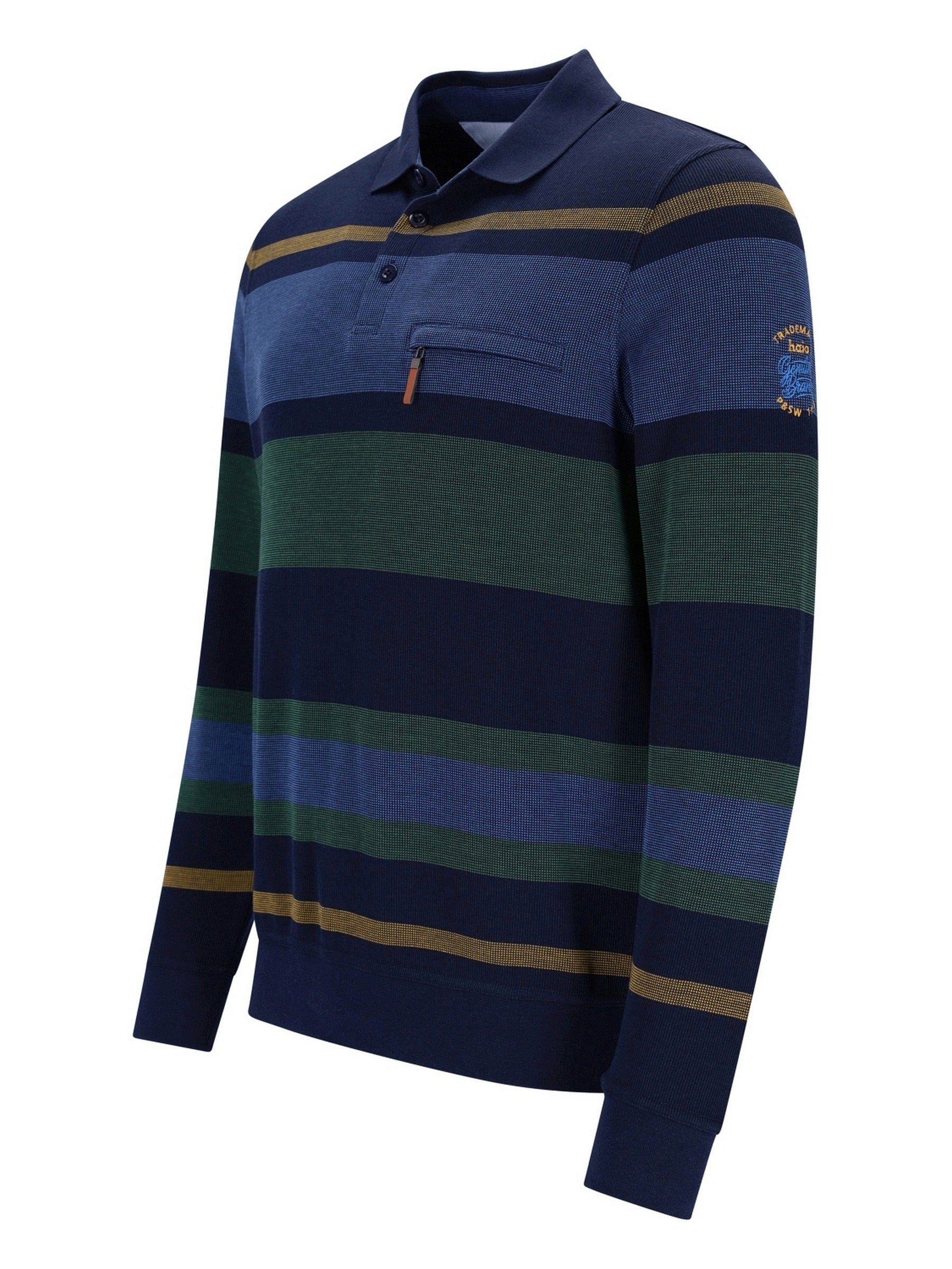 Marineblaues gestreiftes Poloshirt mit goldenen Akzenten und kleinem Logo auf der Brust.