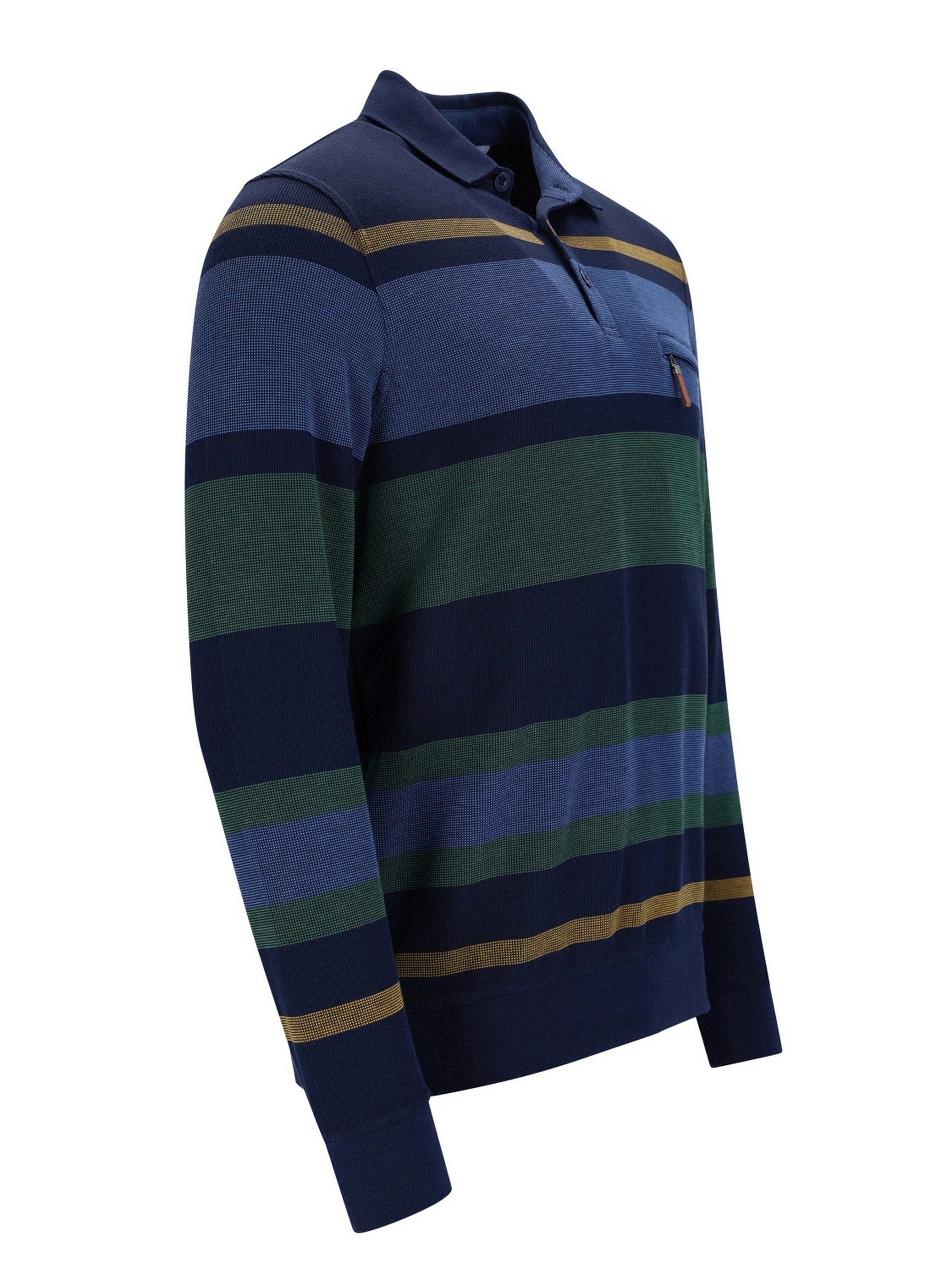 Marineblaues und grünes gestreiftes Polo-Shirt mit goldenen Akzenten, aus Baumwolle.