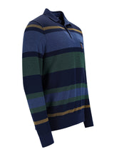 Marineblaues und grünes gestreiftes Polo-Shirt mit goldenen Akzenten, aus Baumwolle.