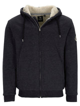 Anthrazitfarbene Kapuzenjacke mit Reißverschluss, Schurwollfutter und Kapuze, Markenlogo auf der linken Brust.