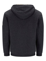 Schwarze texturierte Kapuzenjacke mit Kapuze und Kordelzügen, wahrscheinlich aus Baumwolle oder einem Polyester-Mischgewebe gefertigt.