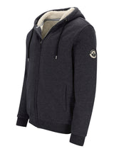 Moncler schwarze Kapuzenjacke mit Lammfellfutter.