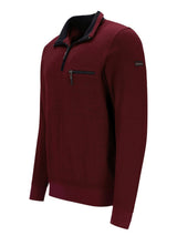 Merlot-farbener Pullover mit schwarzem Reißverschluss und Kontrastkragen, wahrscheinlich aus Baumwolle oder Polyester-Mischung gefertigt.