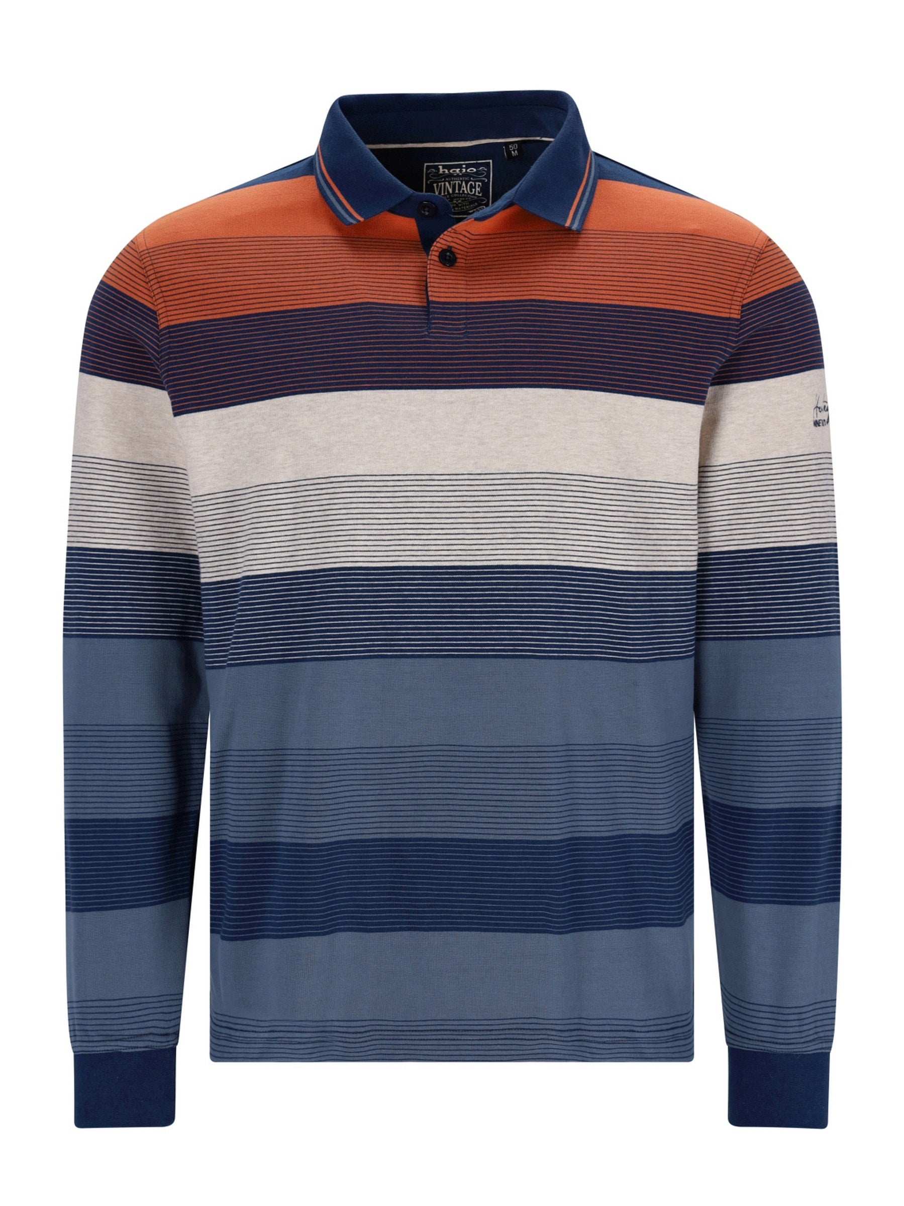 Gestreiftes Poloshirt mit Marine-, Orange- und Weißstreifen auf einem Baumwollmischgewebe.