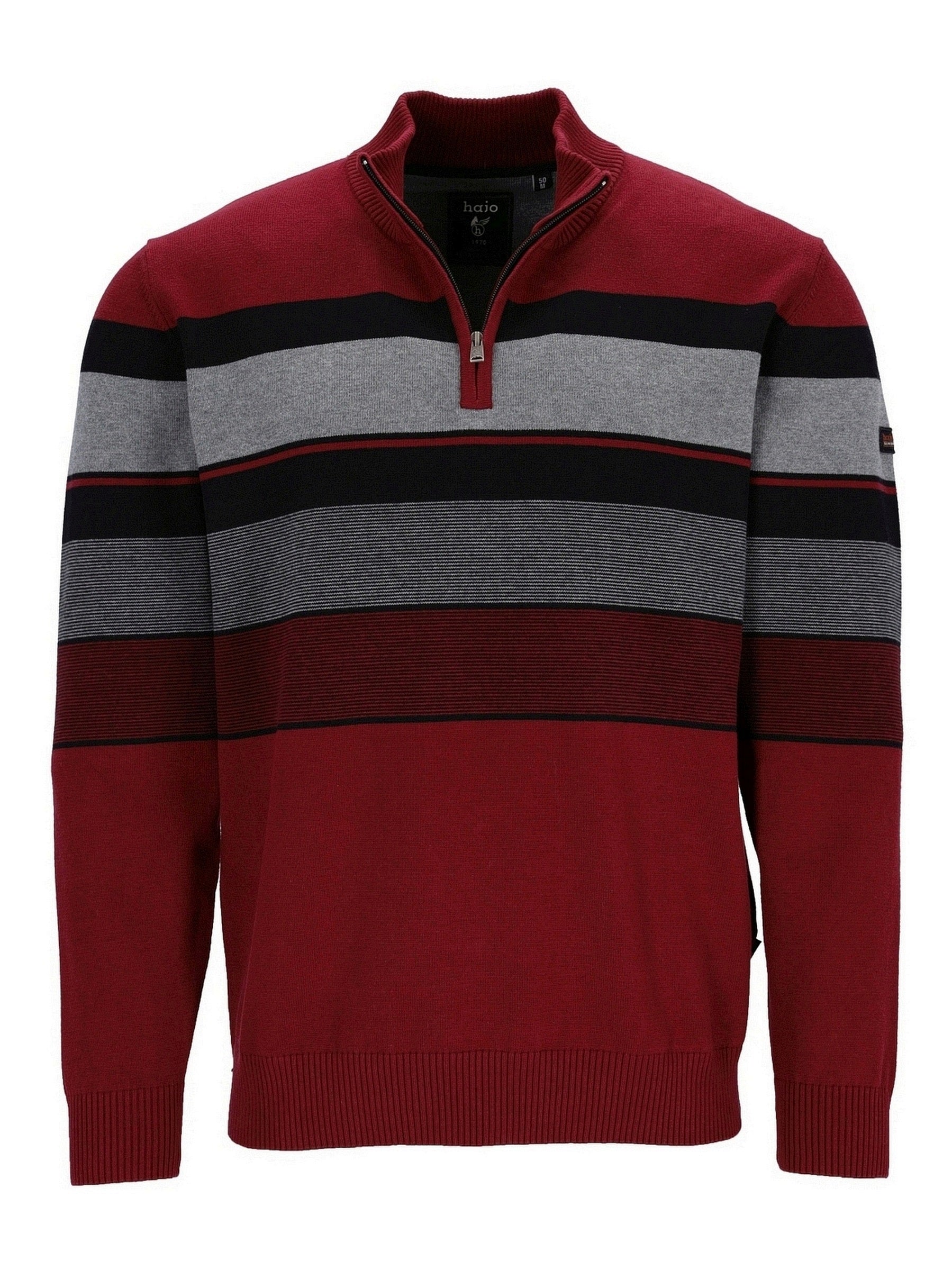 Roter und grauer gestreifter Viertel-Reißverschluss-Pulli mit gerippten Bündchen und Kragen, aus weicher Baumwollmischung.