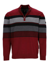 Roter und grauer gestreifter Viertel-Reißverschluss-Pulli mit gerippten Bündchen und Kragen, aus weicher Baumwollmischung.