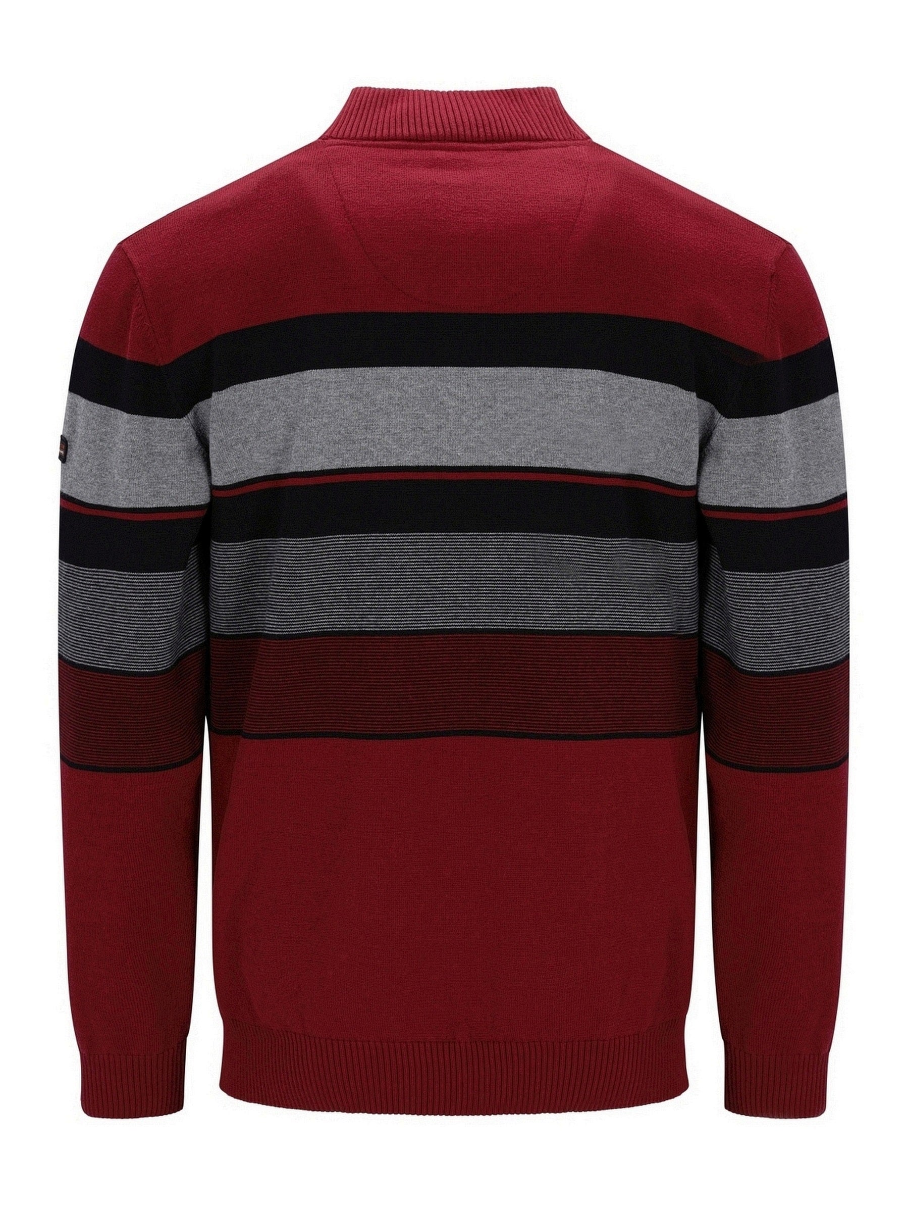 Roter und grauer gestreifter Pullover mit hohem Kragen.
