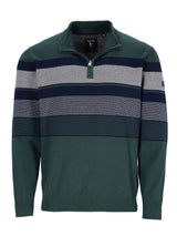 Grüner und marineblauer gestreifter Viertelreißverschluss-Pullover mit gerippten Manschetten und Kragen, wahrscheinlich aus Baumwolle oder einem ähnlichen weichen Material gefertigt.