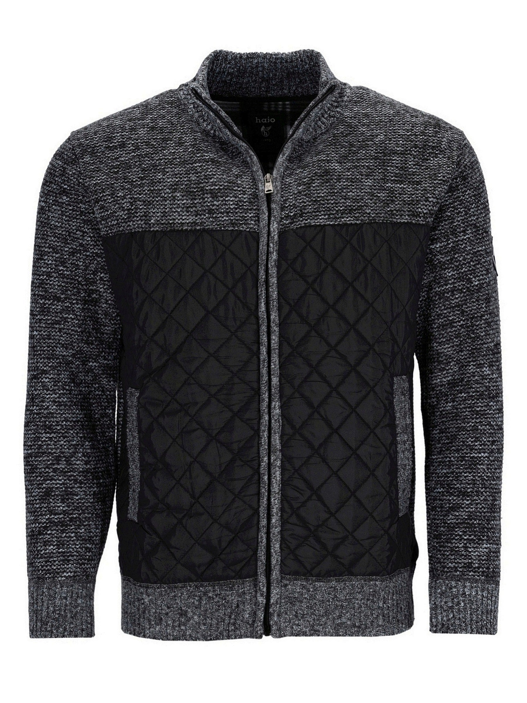 Kohle-graue und schwarze Steppjacke im Bomber-Stil mit texturierten Strickärmeln.