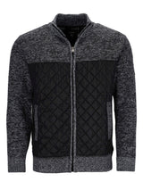 Kohle-graue und schwarze Steppjacke im Bomber-Stil mit texturierten Strickärmeln.