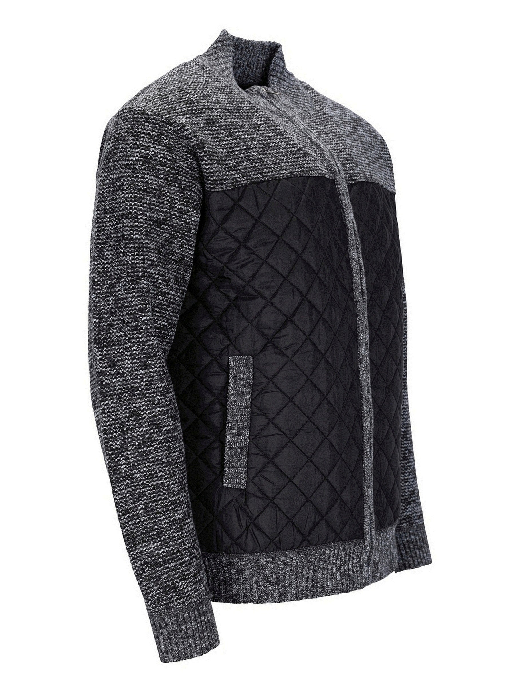 Schwarz-graue Steppjacke mit strukturierten Strickärmeln.