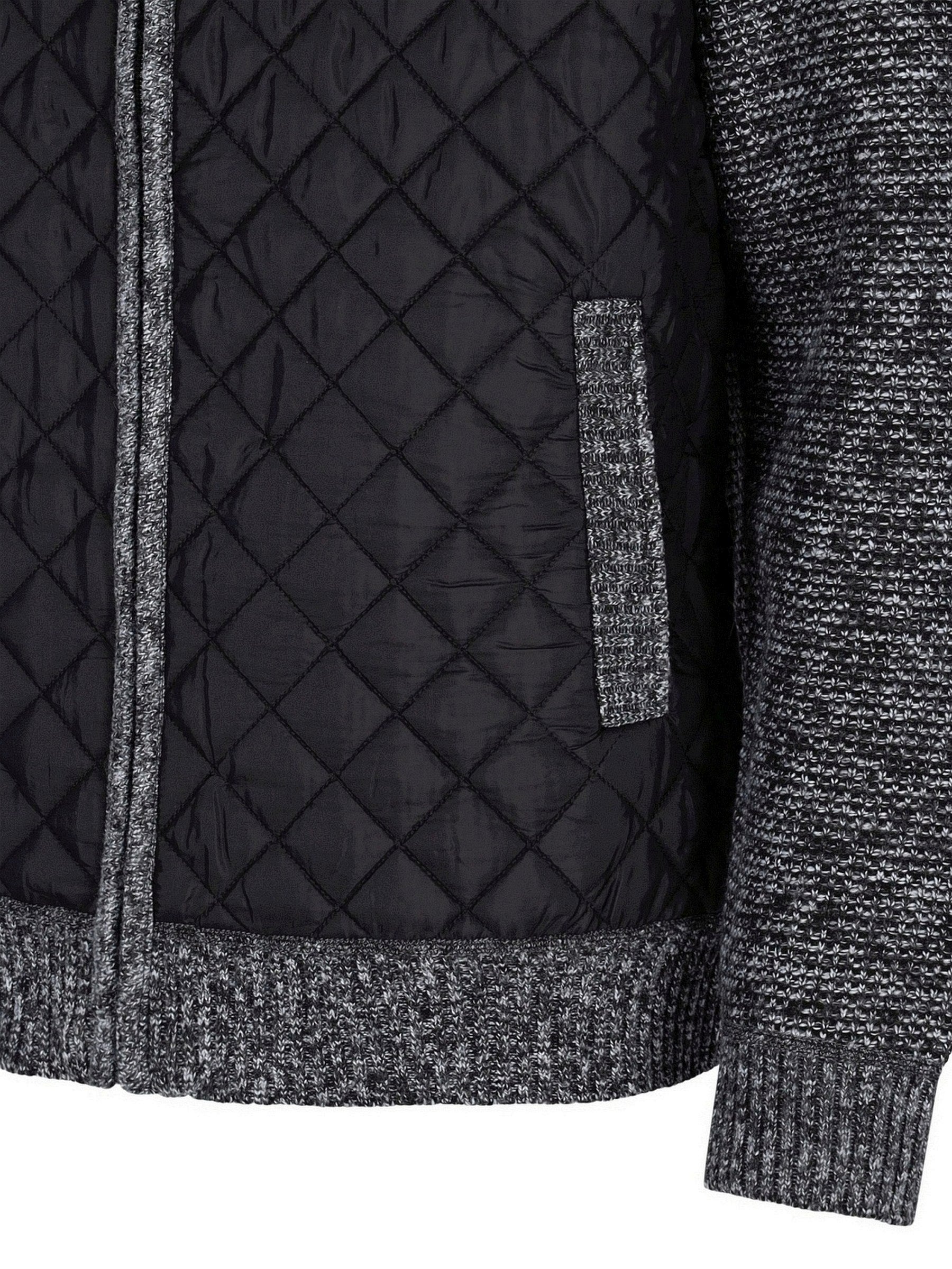 Schwarze Steppjacke mit Reißverschluss und strukturierten Ärmeln.