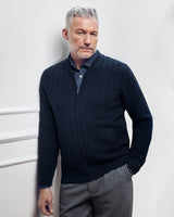 Dunkelblaue strukturierte Bomberjacke mit durchgehendem Reißverschluss für Herren.