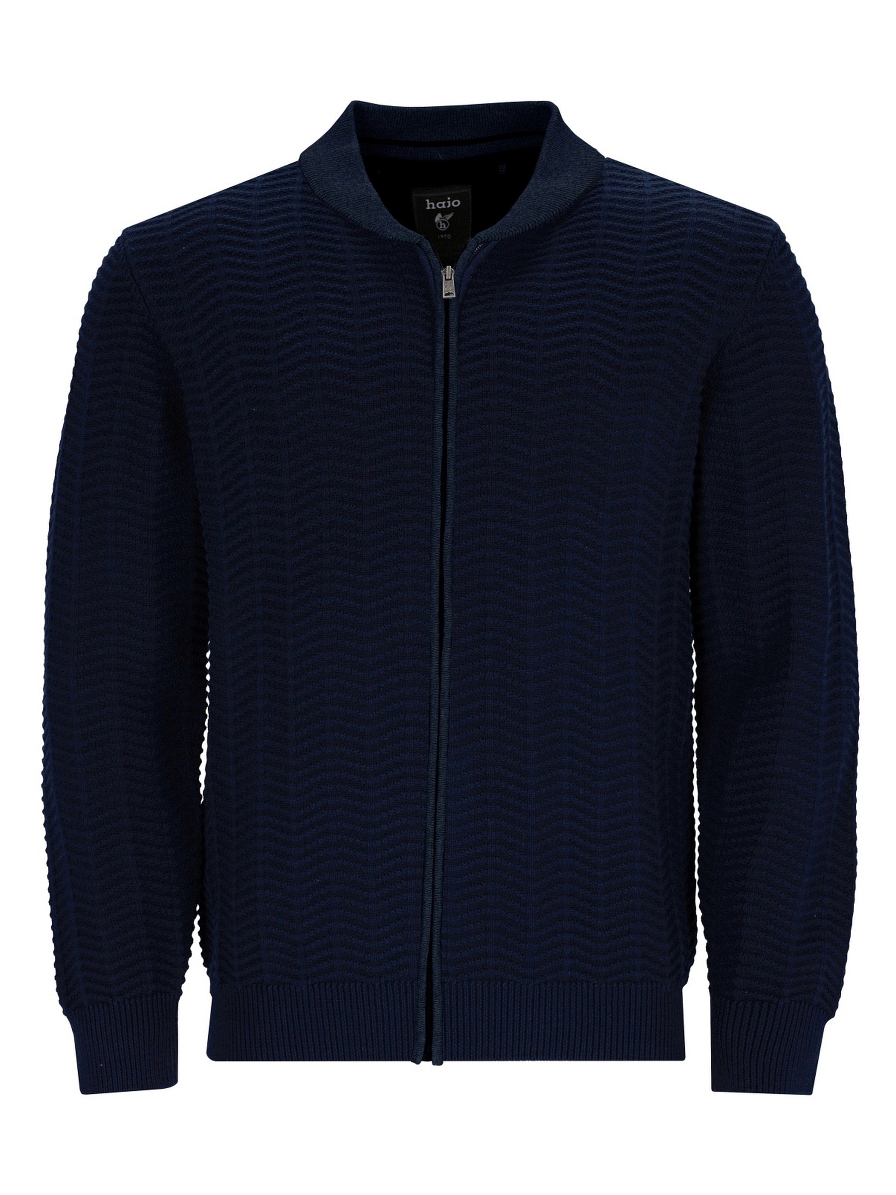 Marineblauer Reißverschluss-Pullover mit strukturiertem Strickmuster und gerippten Manschetten, inspiriert von Ralph Lauren.