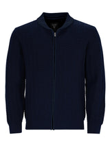 Marineblauer Reißverschluss-Pullover mit strukturiertem Strickmuster und gerippten Manschetten, inspiriert von Ralph Lauren.