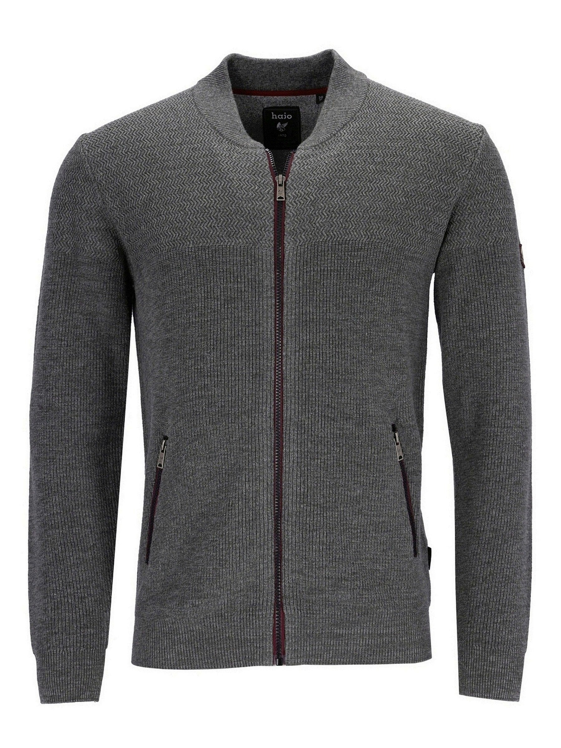 Anthrazitfarbener Reißverschluss-Pullover mit gerippter Textur und Seitentaschen.