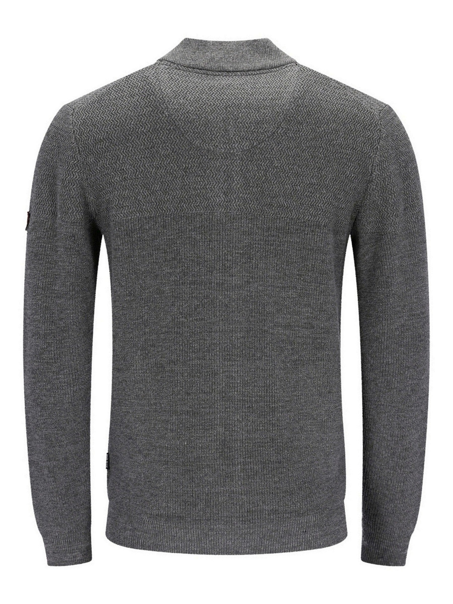 Kohle-grauer strukturierten Pullover mit gerippten Details und einem kleinen Patch auf dem linken Ärmel.