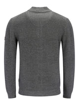 Kohle-grauer strukturierten Pullover mit gerippten Details und einem kleinen Patch auf dem linken Ärmel.