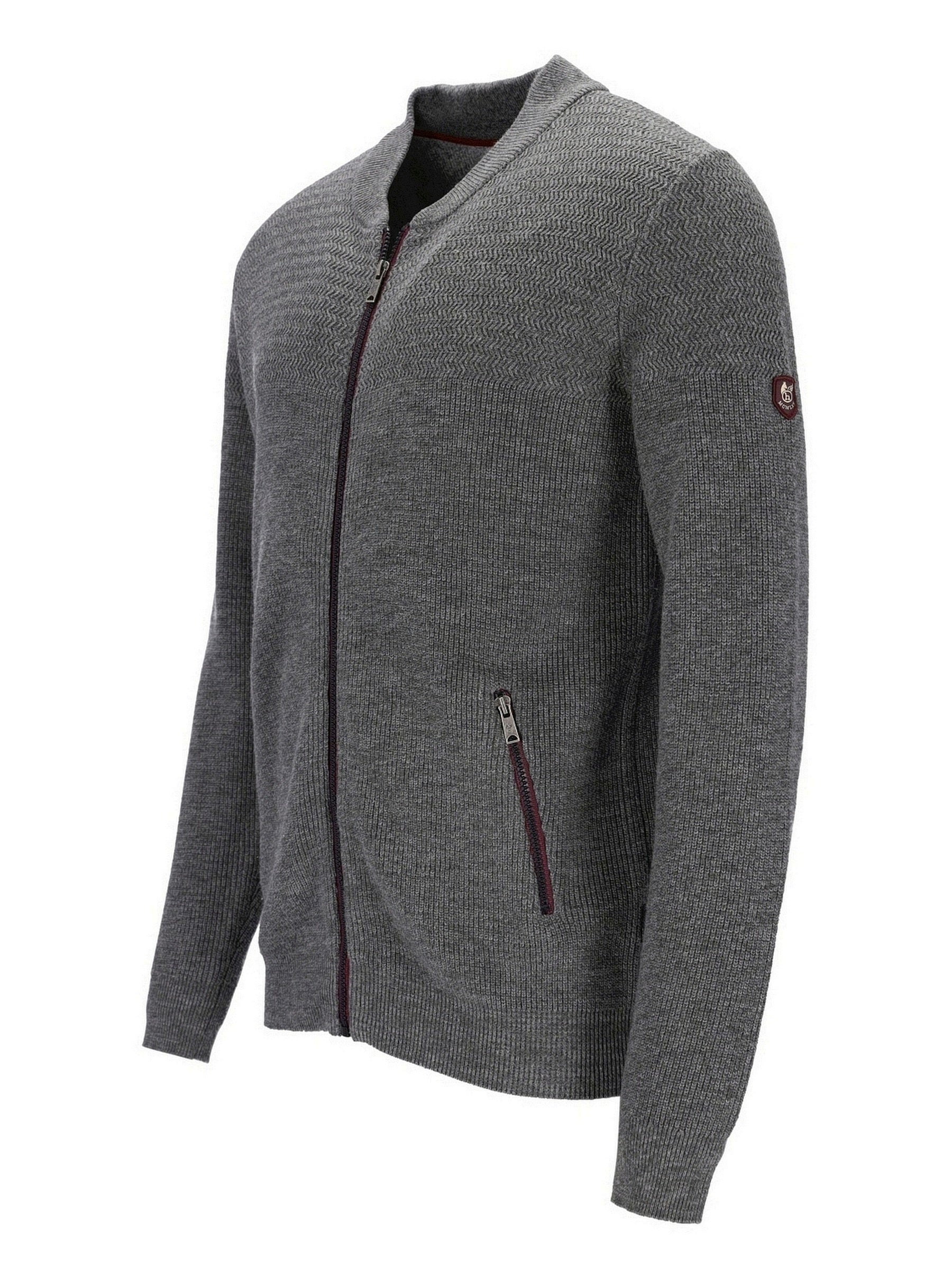 Kohle-grauer Reißverschluss-Pulli mit gerippter Textur und Seitentaschen.