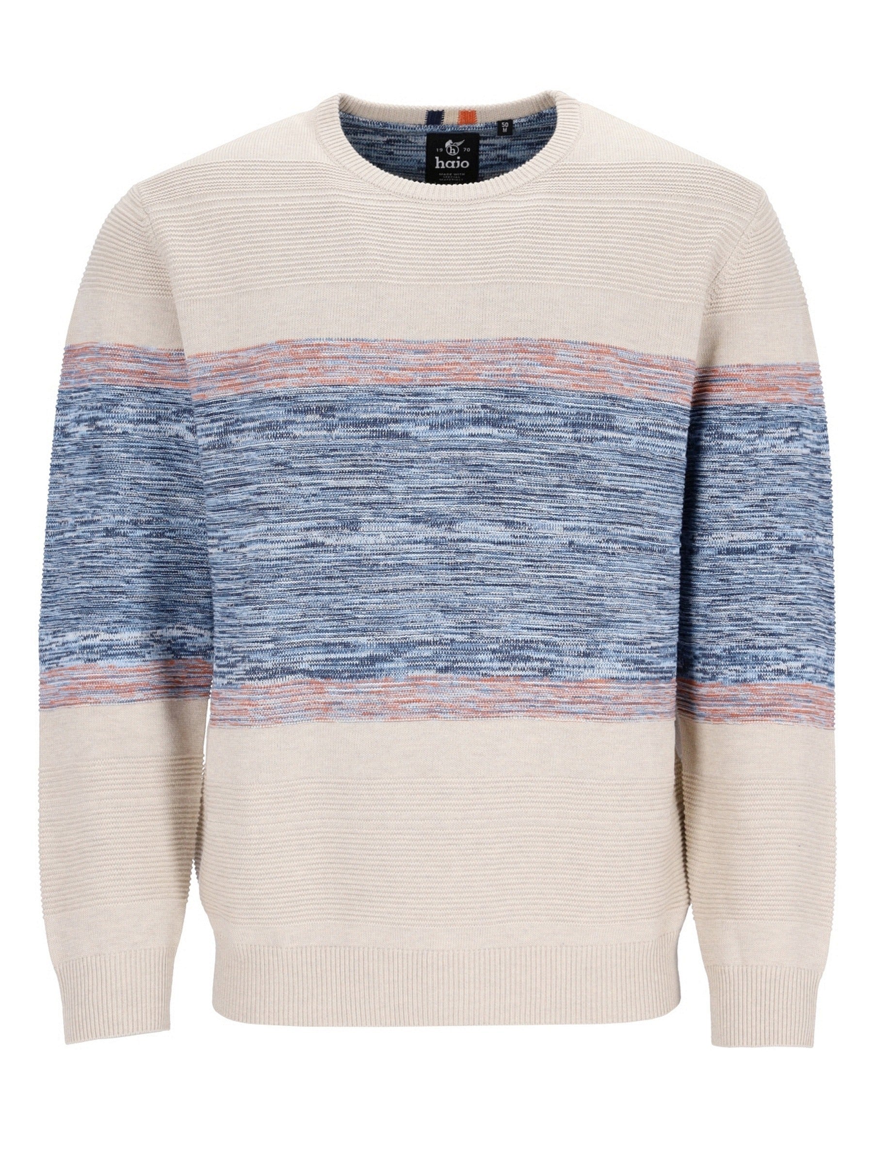 Creme-Pullover mit blauen und pinken Streifen, gerippte Struktur, lässiger Stil.