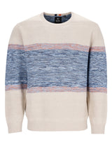 Creme-Pullover mit blauen und pinken Streifen, gerippte Struktur, lässiger Stil.
