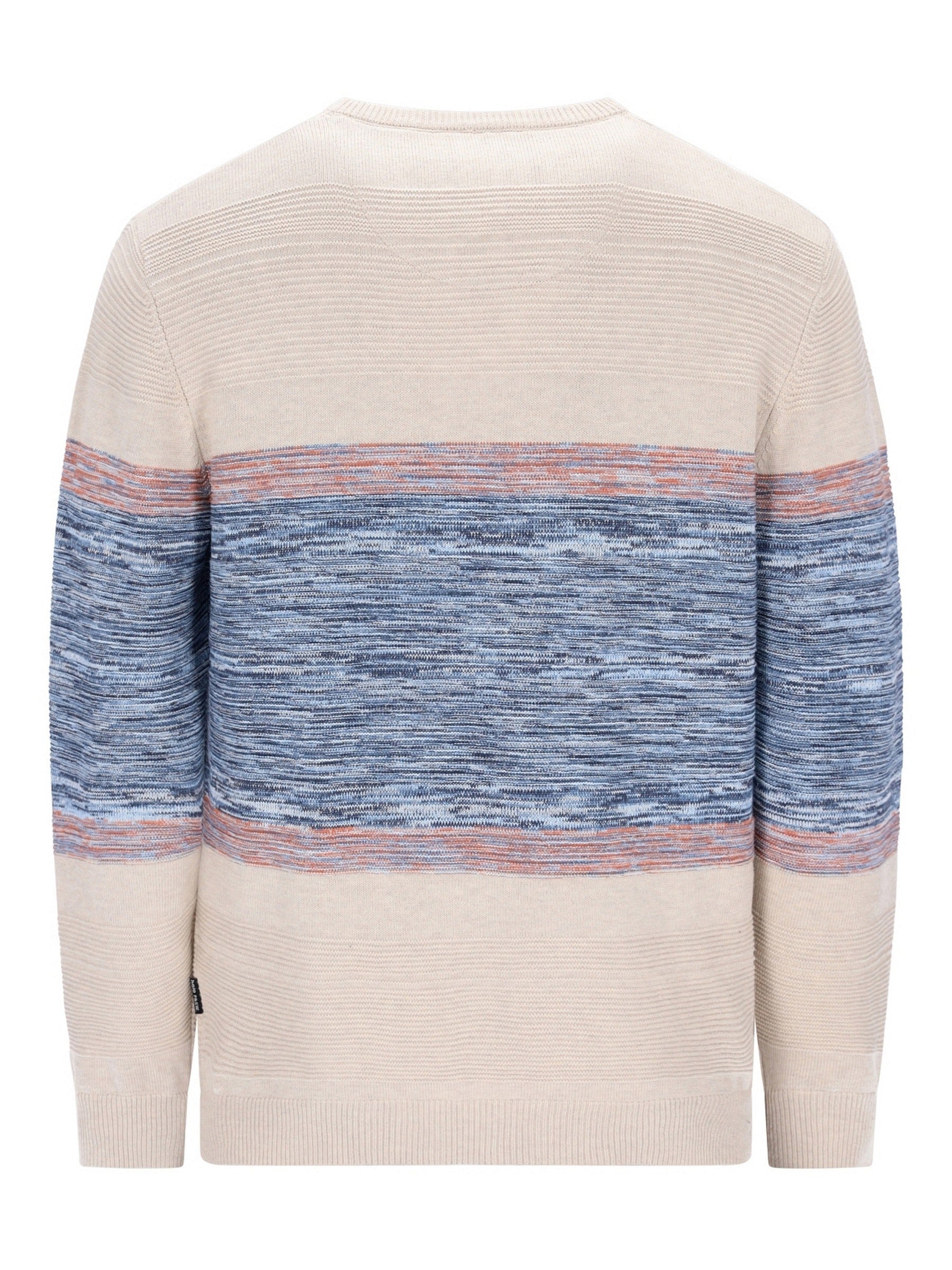 Beige-blauer gestreifter Pullover mit gerippter Textur, wahrscheinlich aus Baumwolle oder Wolle gefertigt.