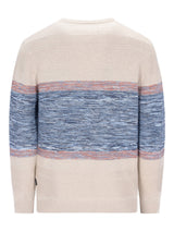 Beige-blauer gestreifter Pullover mit gerippter Textur, wahrscheinlich aus Baumwolle oder Wolle gefertigt.