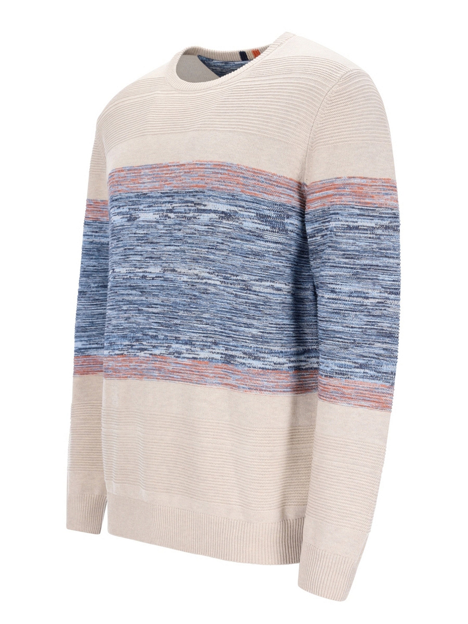 Cremefarbener und blauer gestreifter Pullover mit texturierter Strickstruktur, Tommy Hilfiger Marke.