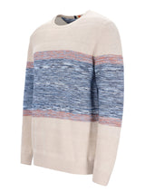 Cremefarbener und blauer gestreifter Pullover mit texturierter Strickstruktur, Tommy Hilfiger Marke.