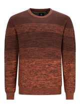 Brauner und roter gestreifter Pullover mit gerippter Textur, wahrscheinlich aus Baumwolle oder Wolle gefertigt.