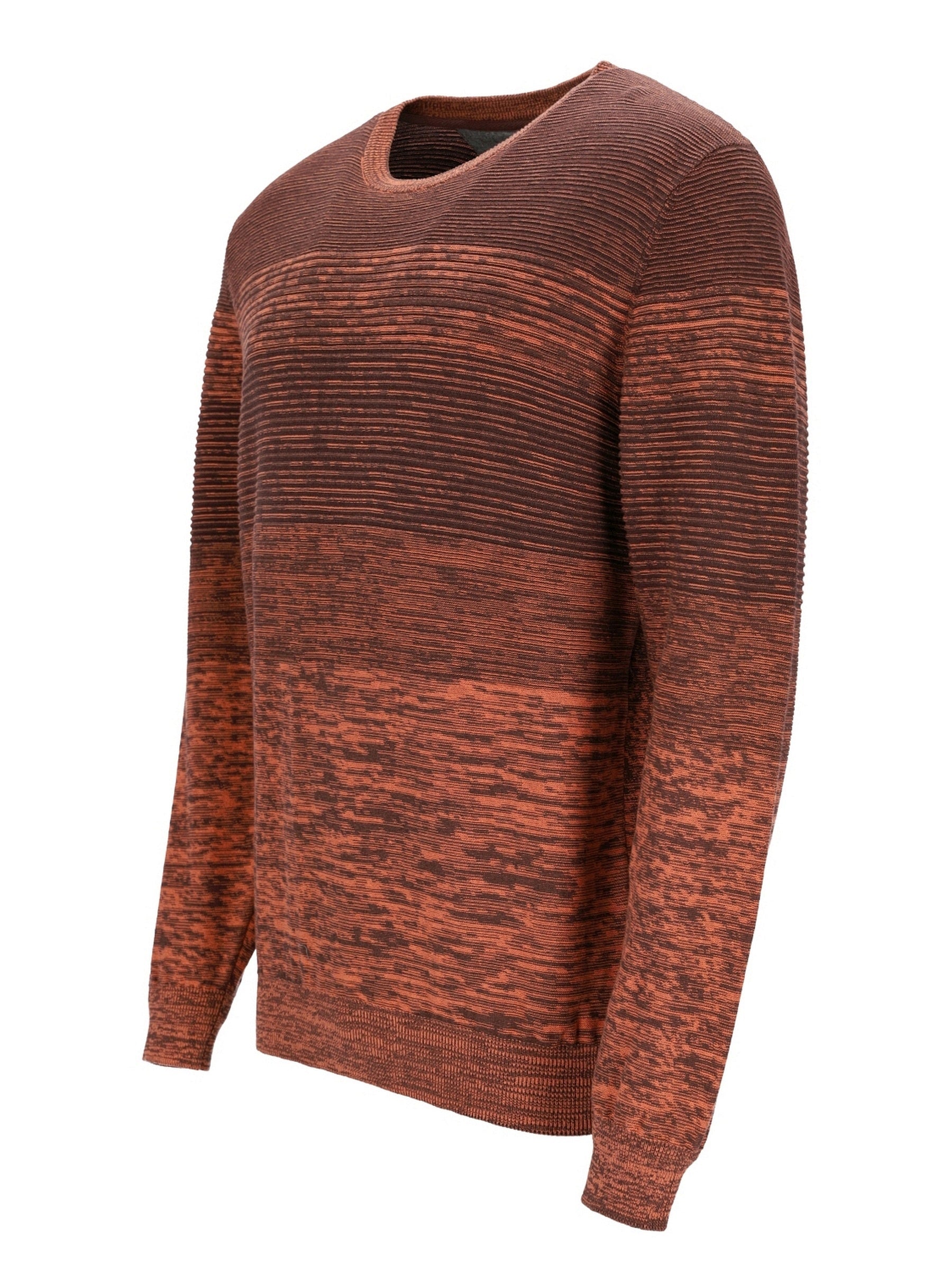 Brauner und orangefarbener gestreifter Pullover mit V-Ausschnitt-Design.