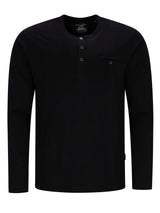 Schwarzes langärmliges Henley-Shirt mit Knöpfen und Taschen-Detail.