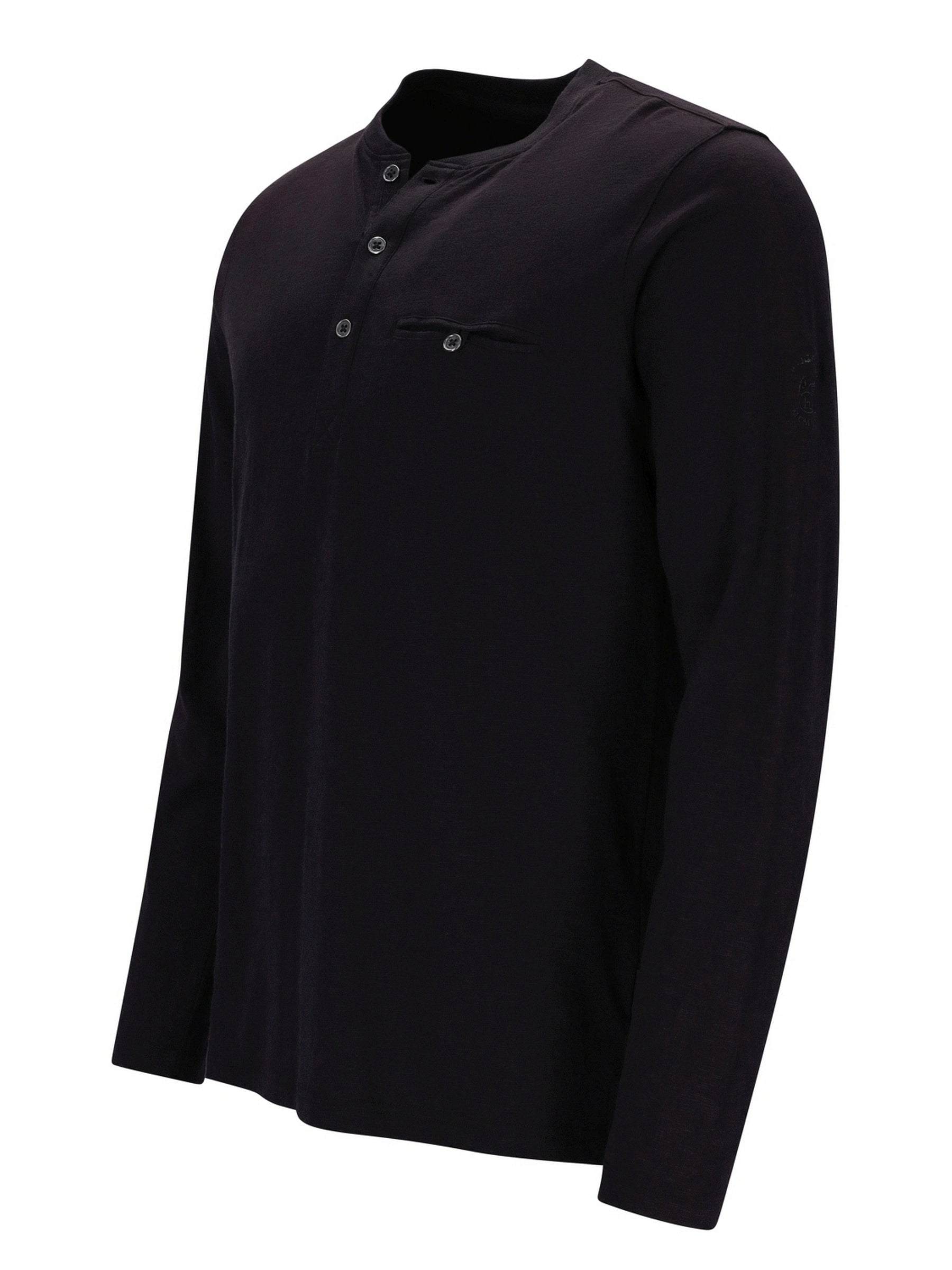 Schwarzes langärmliges Henley-Hemd mit Knöpfen vorne.