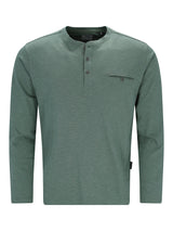 Men long-sleeved henley shirt in solid sage green with buttoned placket and chest pocket from hajo mode slubgarn collection