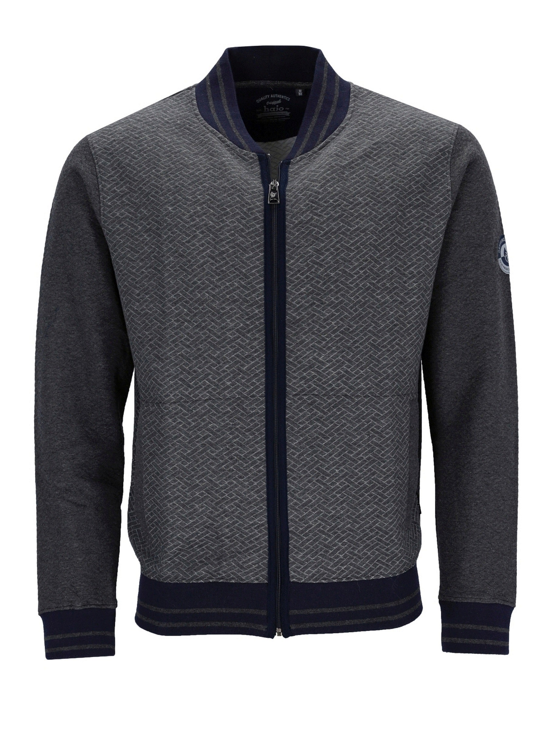 Holzkohle-graue Bomberjacke mit marineblauen Akzenten und Reißverschluss.