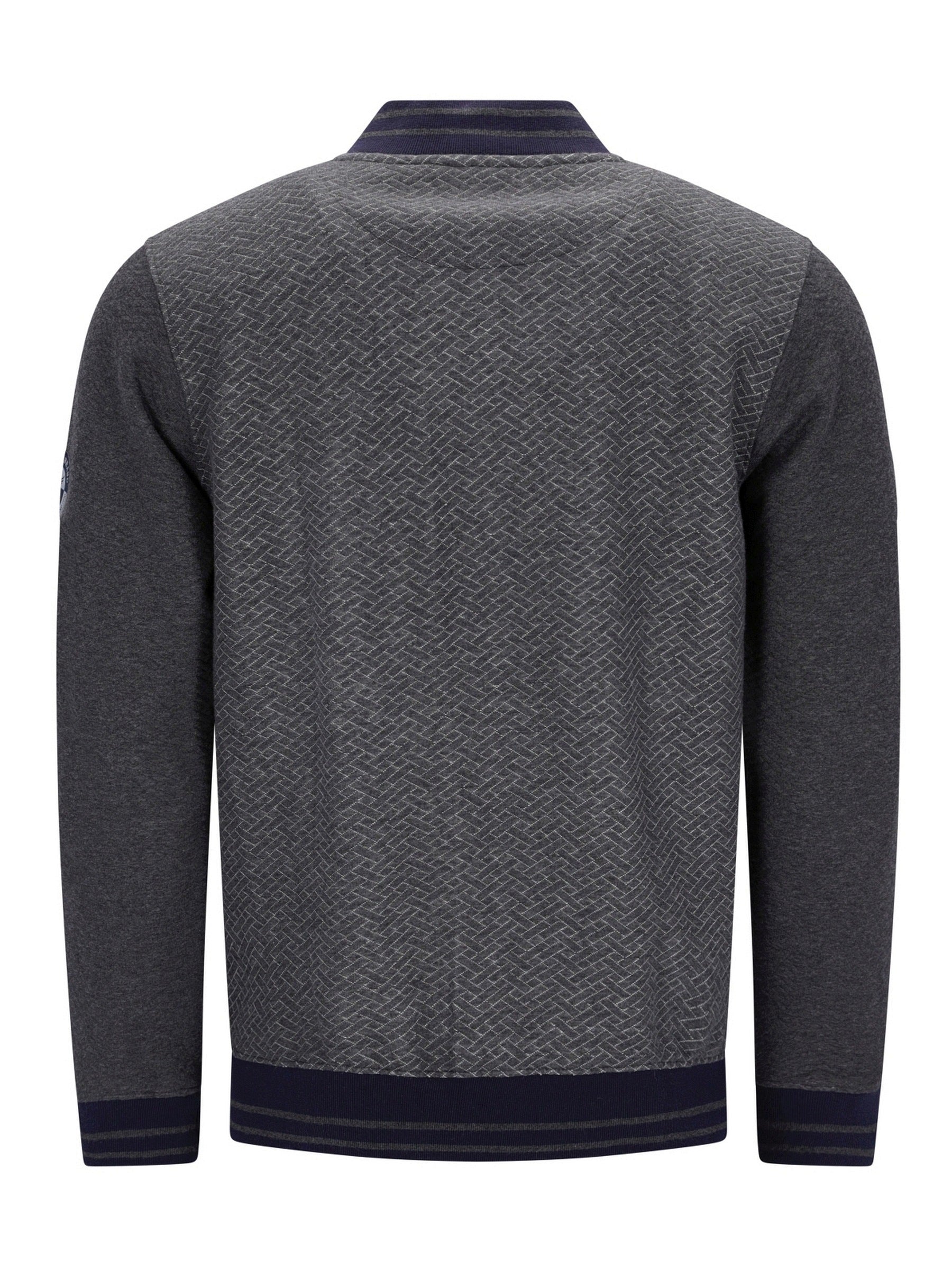 Holzkohlgrauer strukturiertes Pullover mit marineblauem Besatz und Kragen, inspiriert von einem klassischen Polo-Stil.